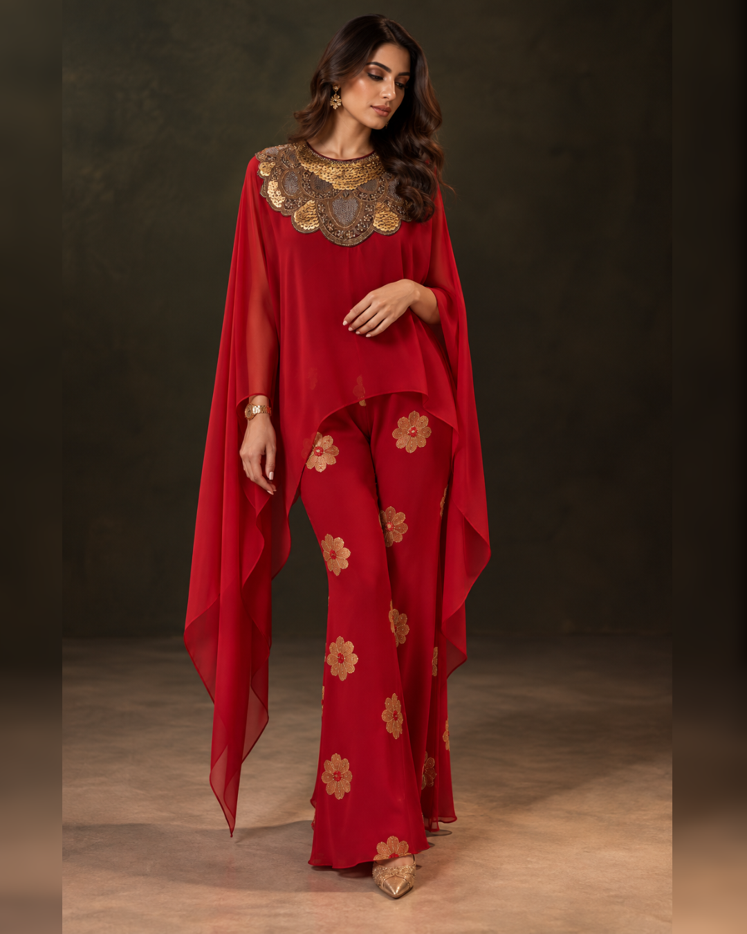Silk Organza Cape Set Red