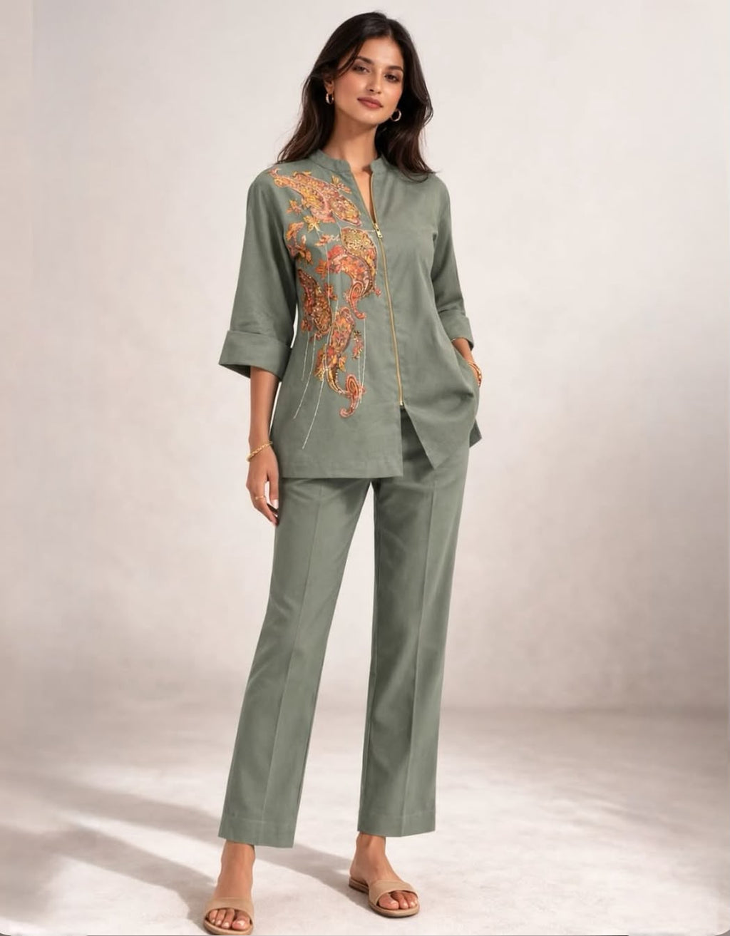 Sage Green Linen Co-ord Set with Brocade Paisley Applique