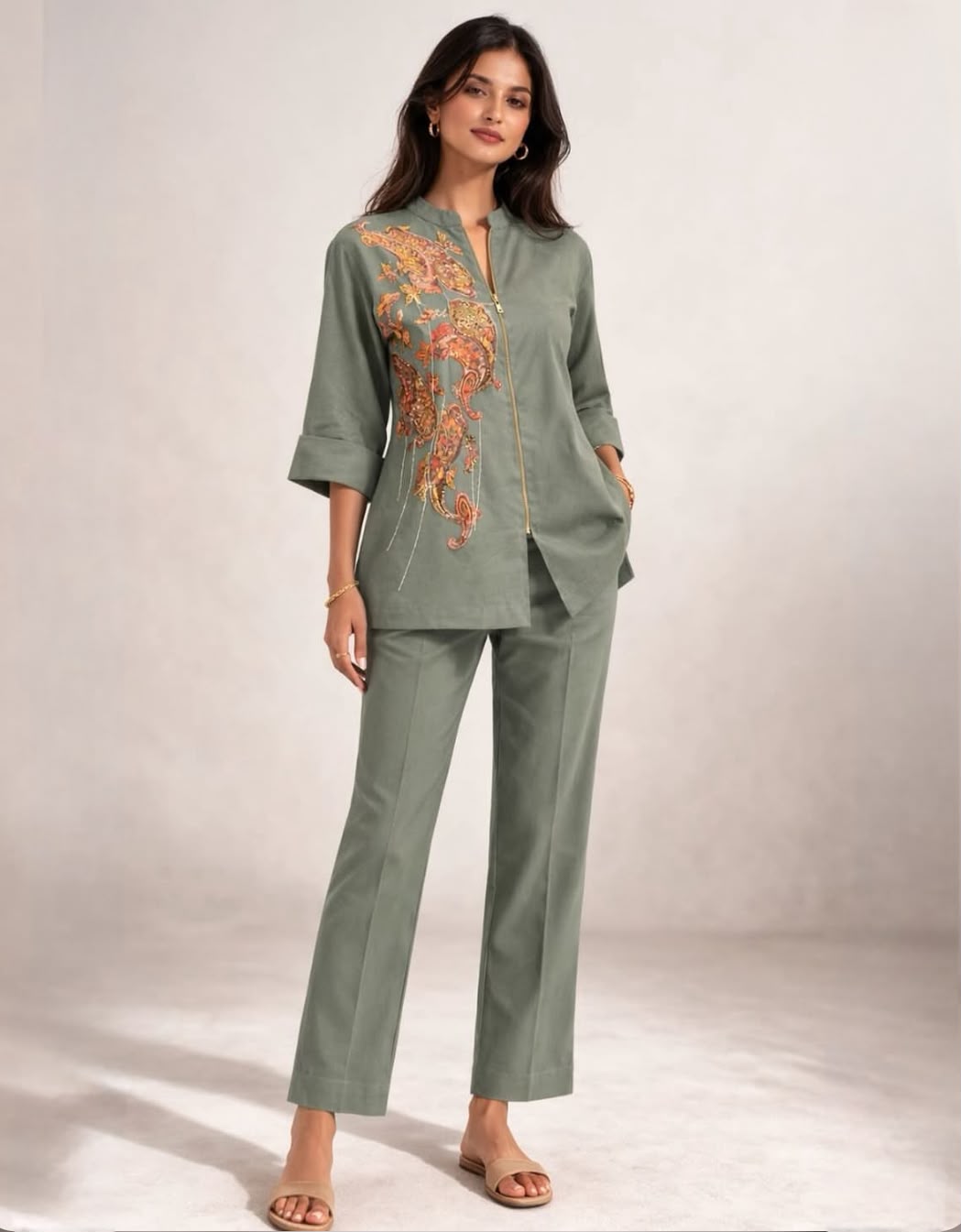Sage Green Linen Co-ord Set with Brocade Paisley Applique