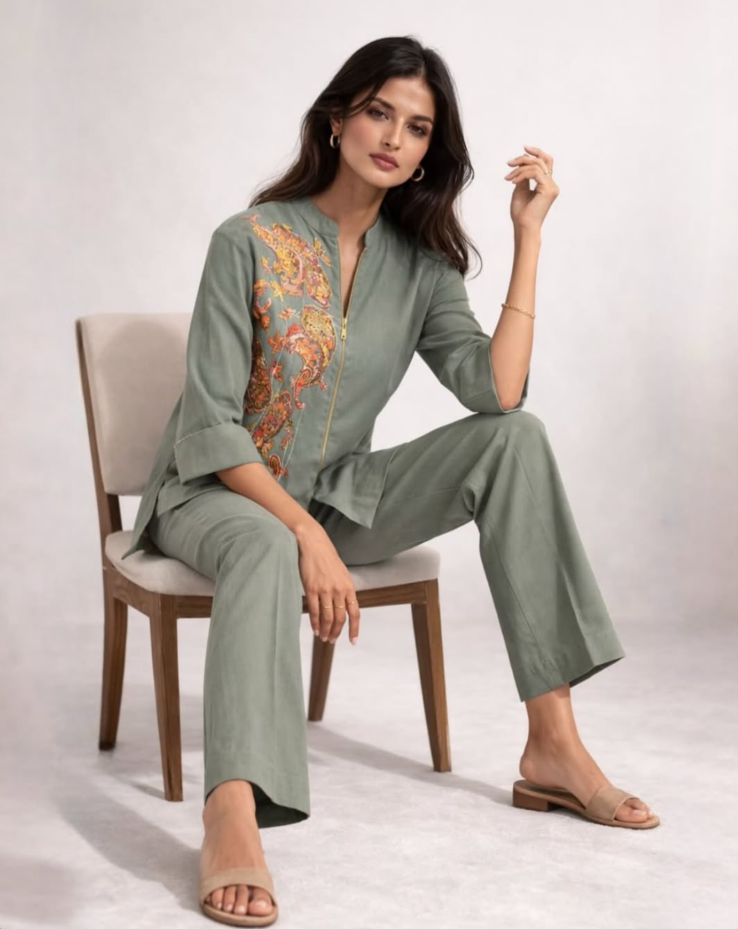 Sage Green Linen Co-ord Set with Brocade Paisley Applique