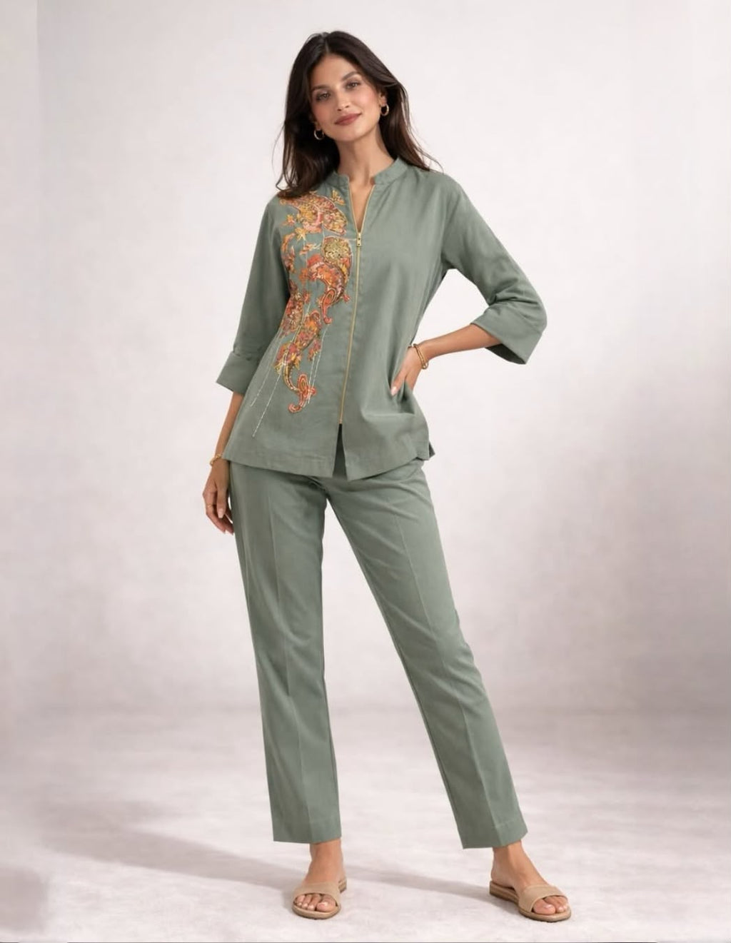 Sage Green Linen Co-ord Set with Brocade Paisley Applique