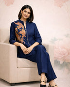 Dark Blue Linen Co-ord Set with Brocade Paisley Applique