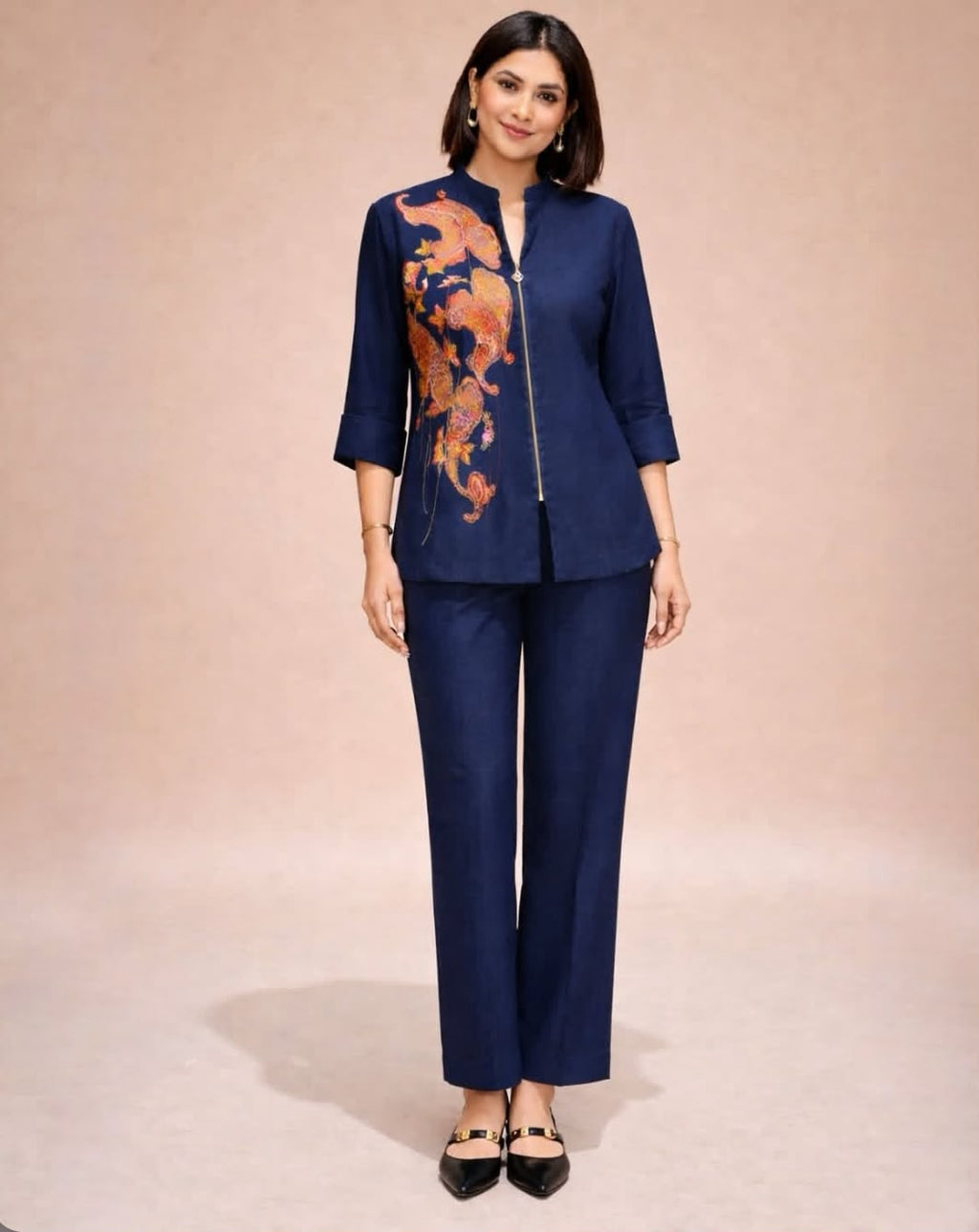 Dark Blue Linen Co-ord Set with Brocade Paisley Applique
