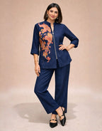 Dark Blue Linen Co-ord Set with Brocade Paisley Applique
