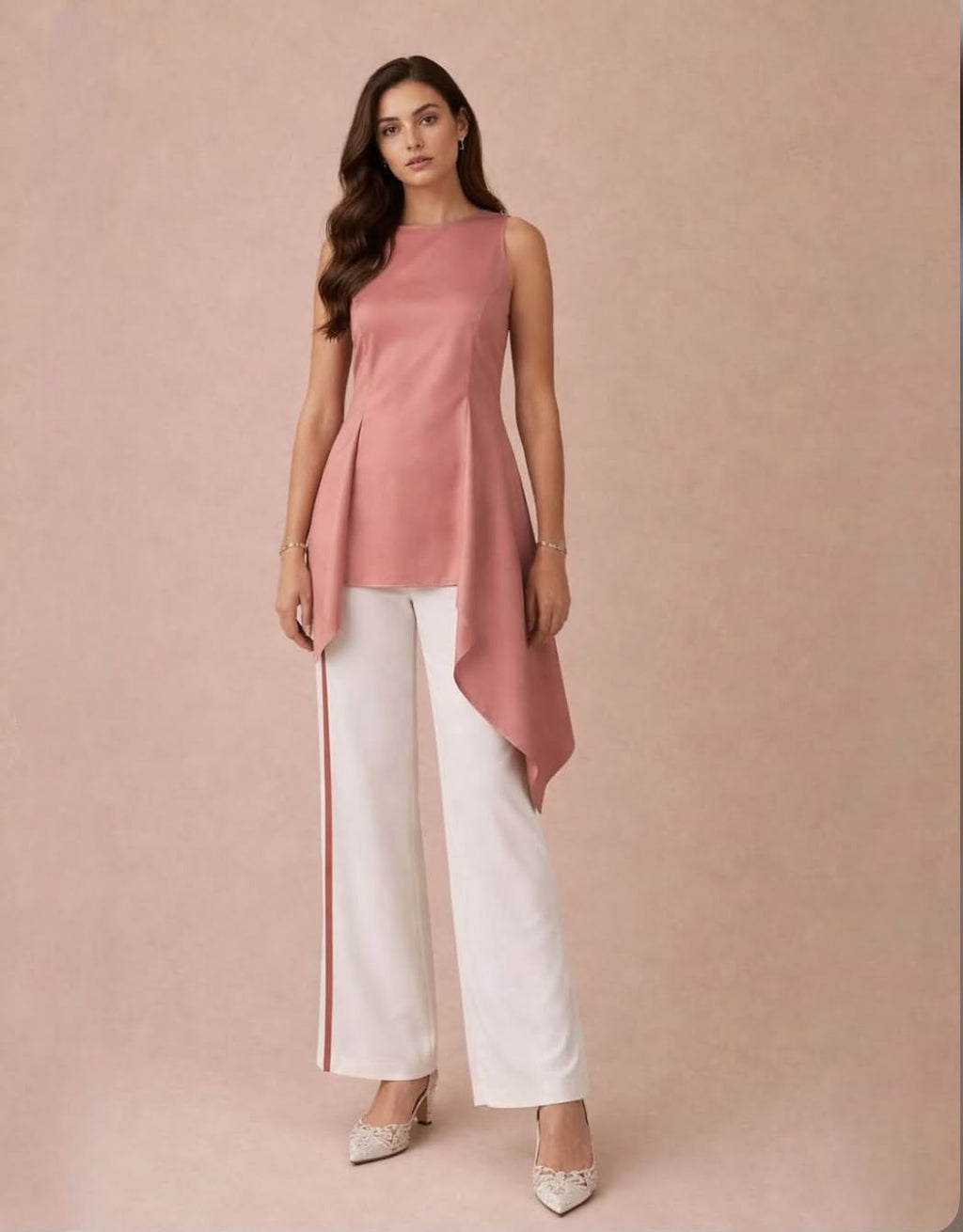 English Rose Silk Organza Top & White Thick Crepe Pant Set