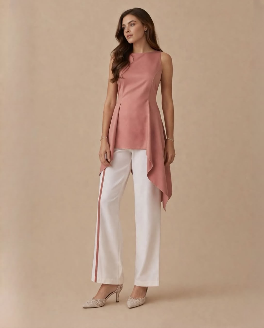 English Rose Silk Organza Top & White Thick Crepe Pant Set