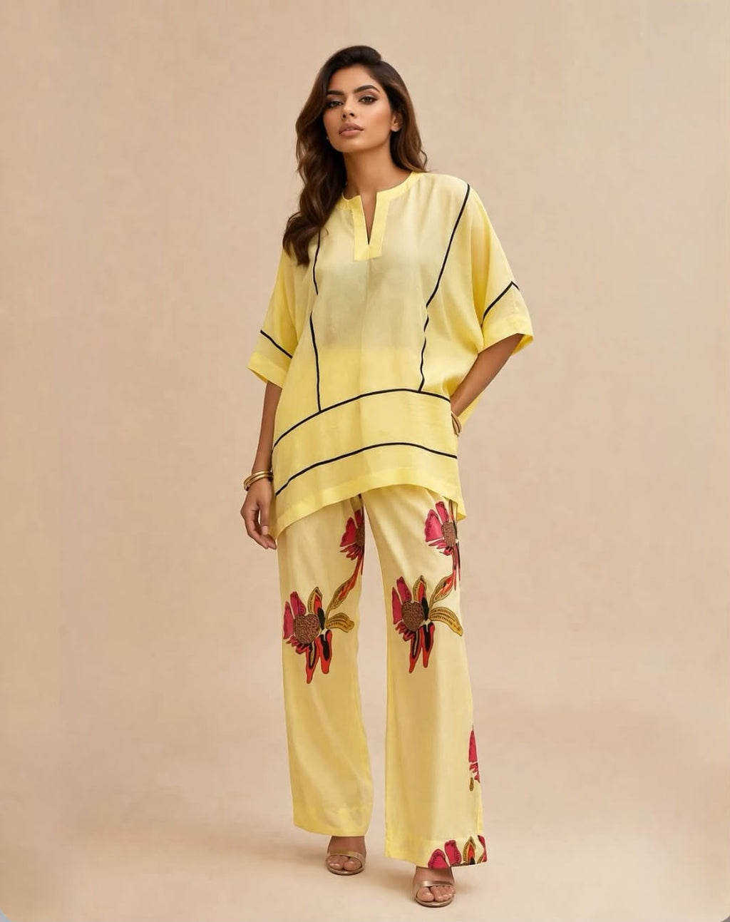Organza Top with Printed Pants — Lemon