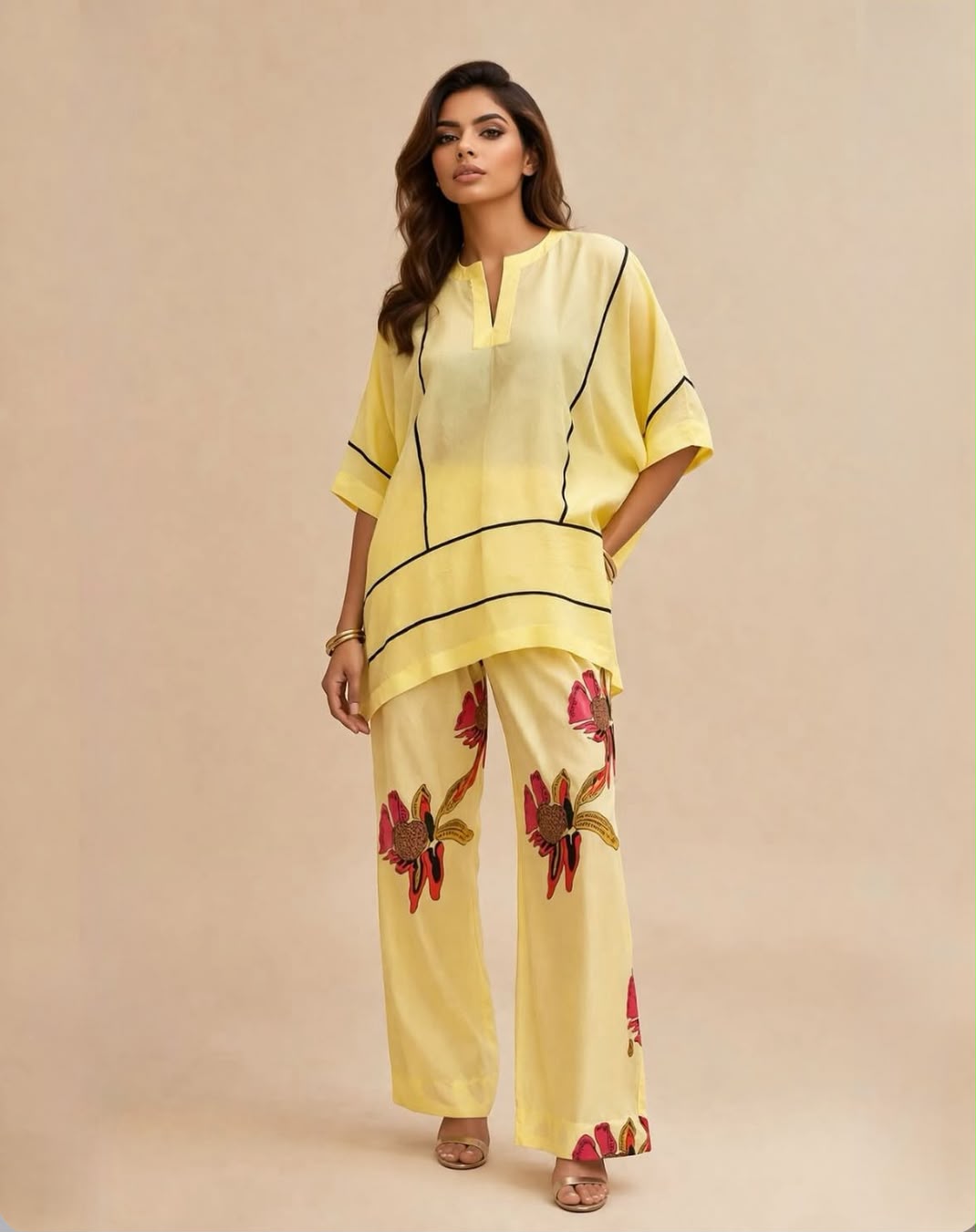 Yellow Set Silk Organza Top with Printed Modal Satin Pant