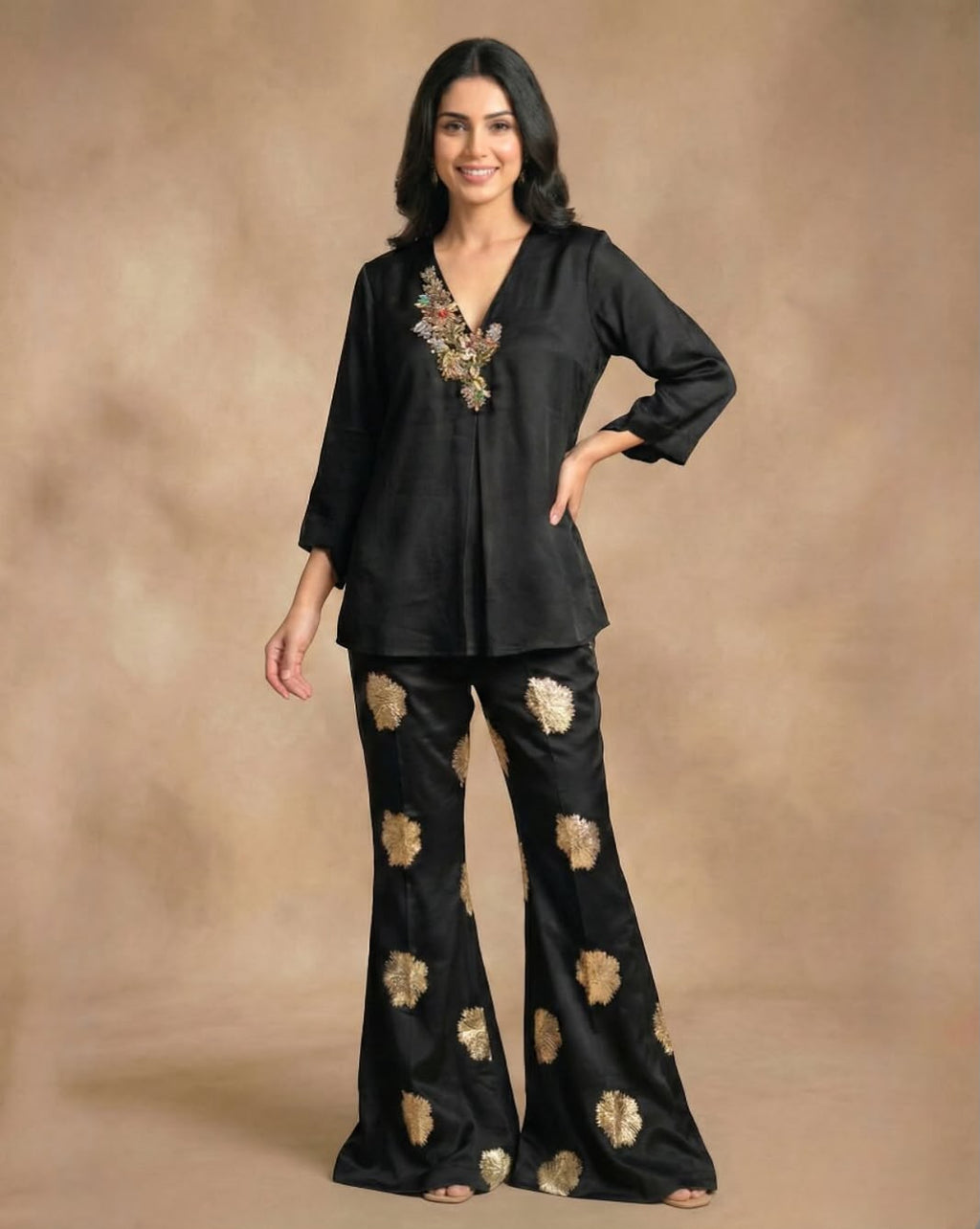 Embellished Silk Organza Top with Black Lurex Georgette Pants