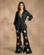 Embellished Silk Organza Top with Black Lurex Georgette Pants
