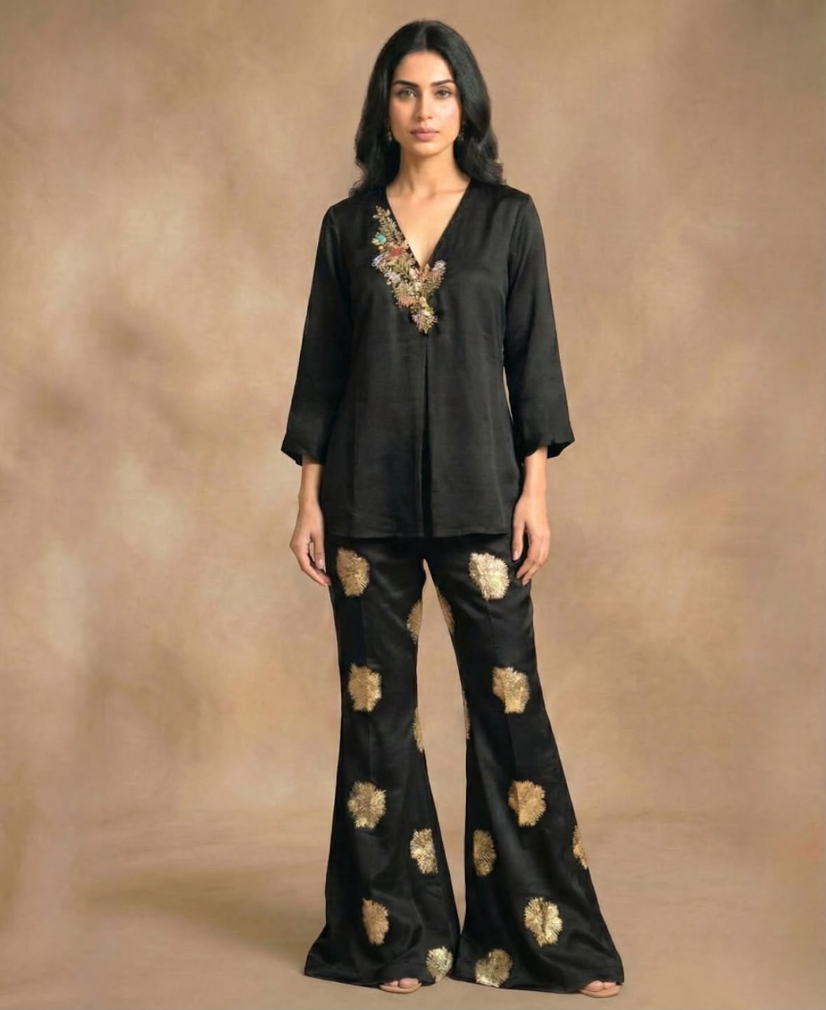Embellished Silk Organza Top with Black Lurex Georgette Pants