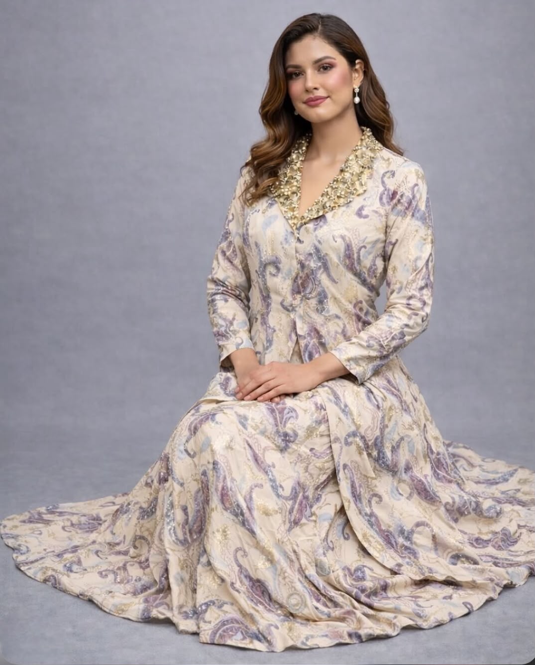 Ecru Lurex Georgette Coat & Sharara Set with Sequins Collar