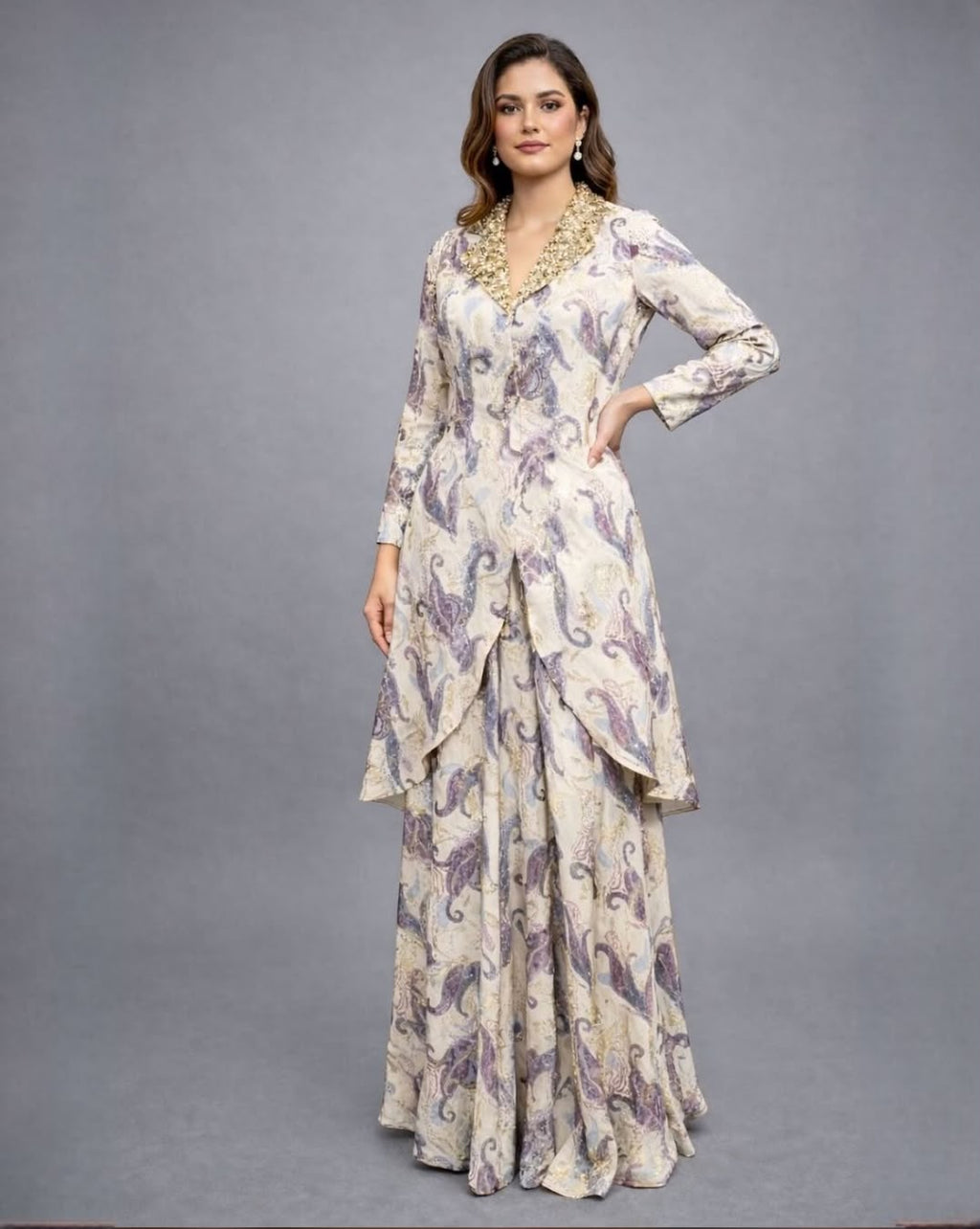 Ecru Lurex Georgette Coat & Sharara Set with Sequins Collar
