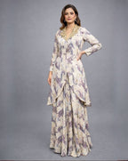 Ecru Lurex Georgette Coat & Sharara Set with Sequins Collar