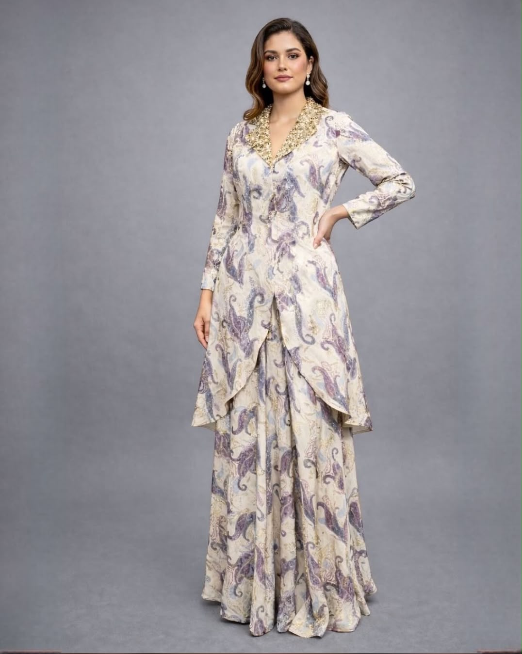 Ecru Lurex Georgette Coat & Sharara Set with Sequins Collar