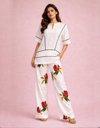 Organza Top with Printed Pants — White