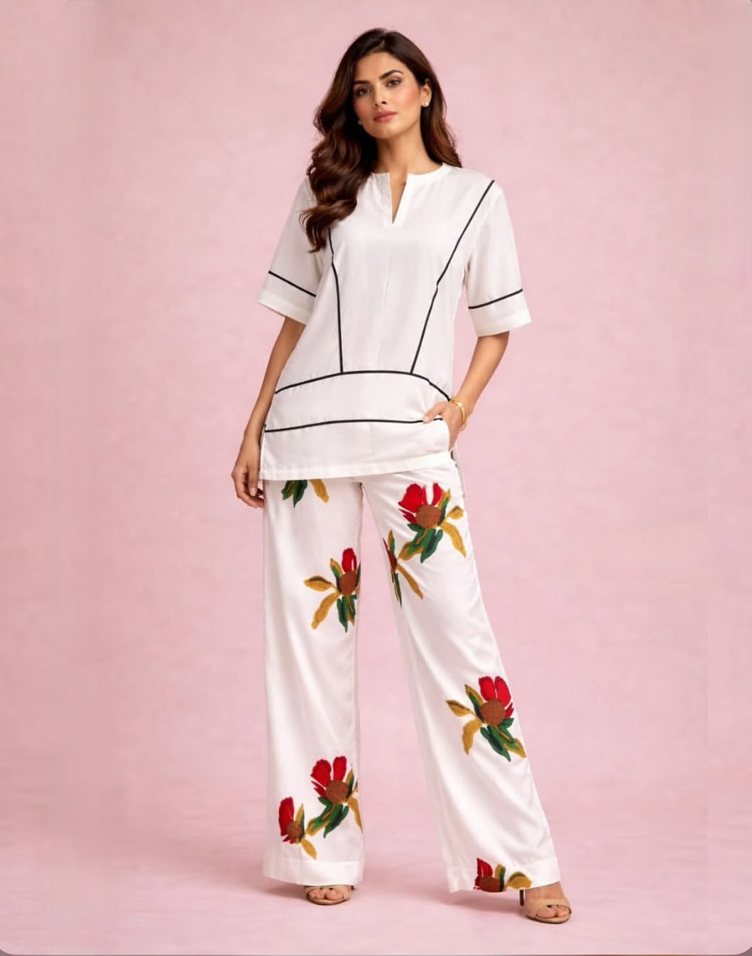 Silk Organza Top & White Printed Modal Satin Pant Set