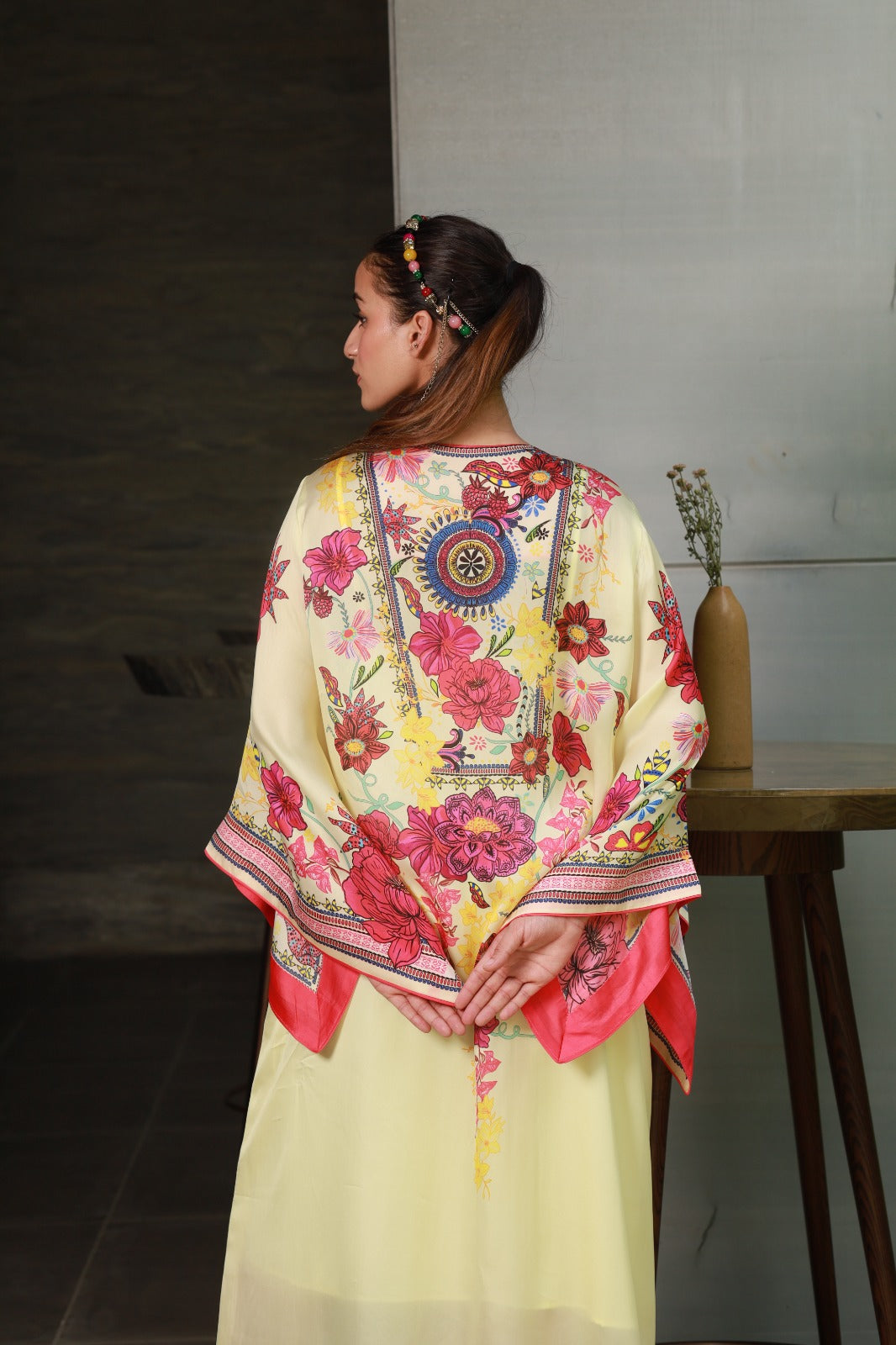 Lime Yellow Printed Long Dress With Side Slits And Inner