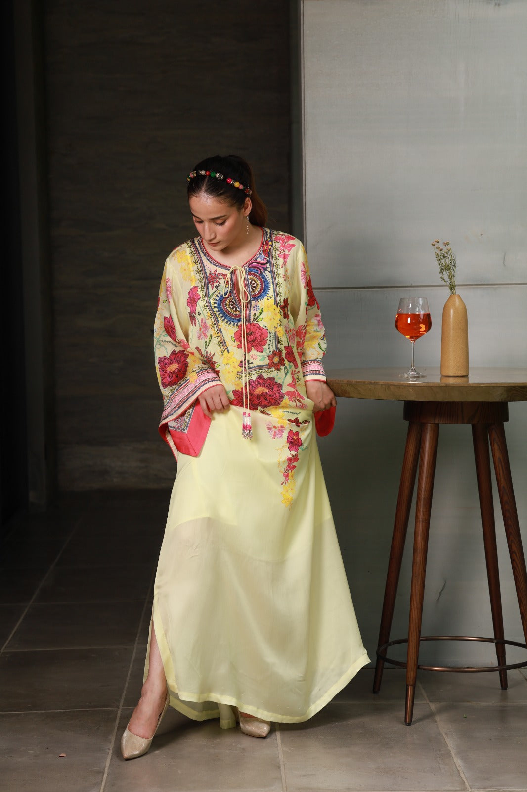 Lime Yellow Printed Long Dress With Side Slits And Inner