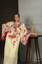 Lime Yellow Printed Long Dress With Side Slits And Inner
