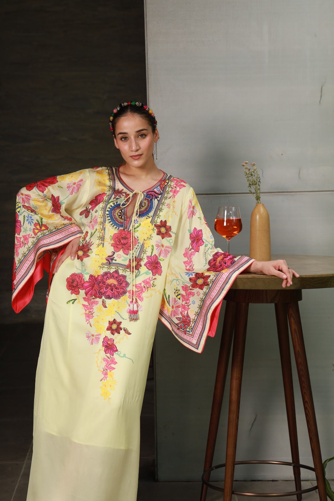 Lime Yellow Printed Long Dress With Side Slits And Inner