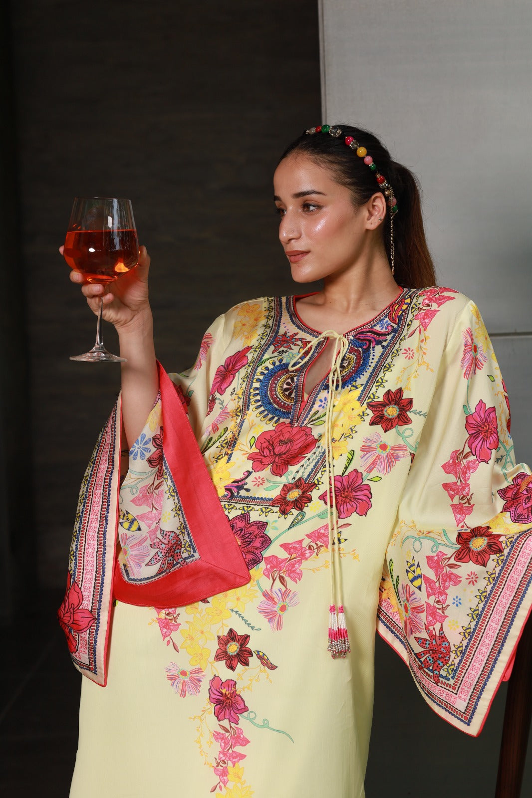 Lime Yellow Printed Long Dress With Side Slits And Inner
