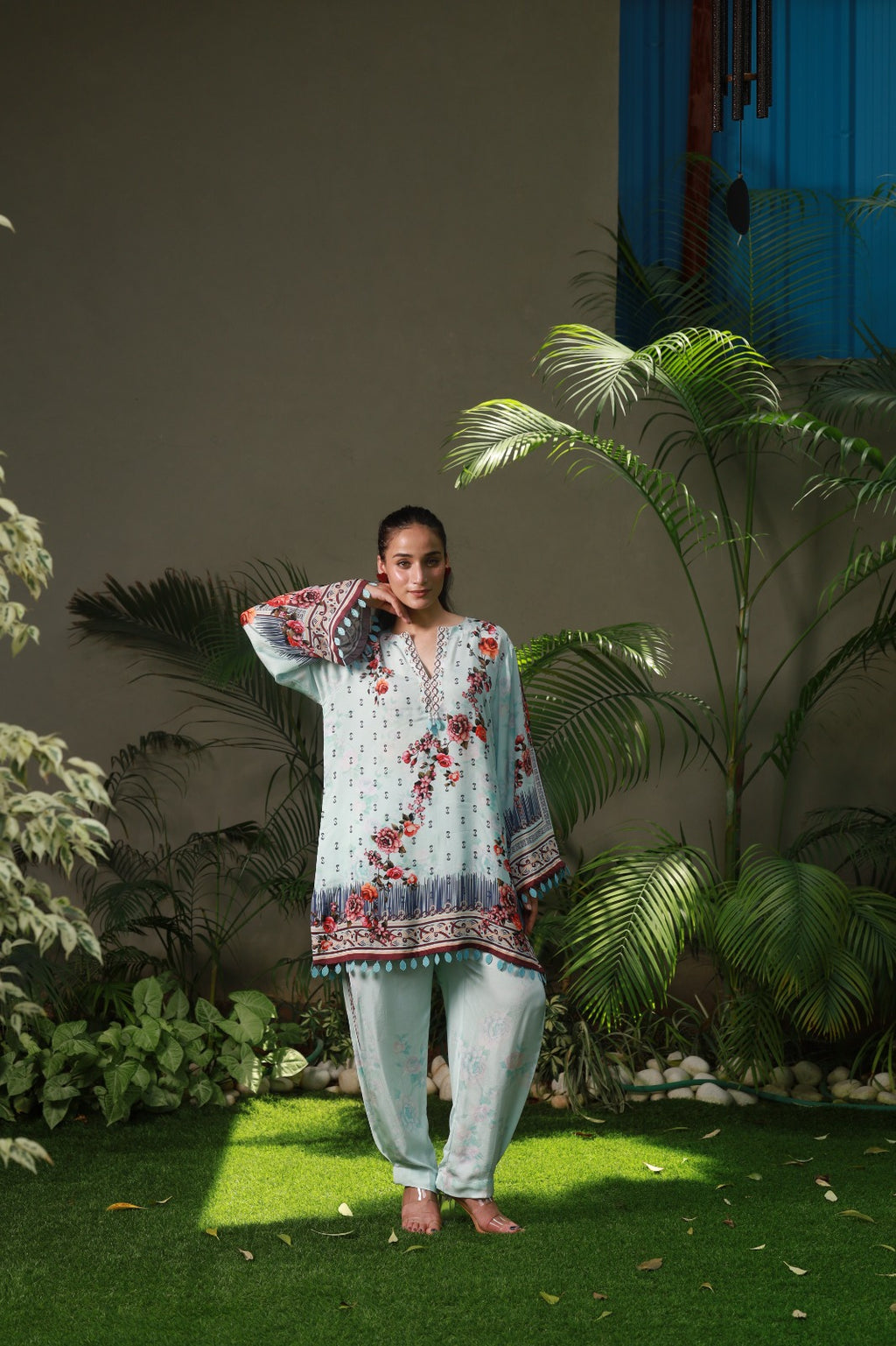 Powder Blue Swarovski Embellished Tunic Co-ord Set